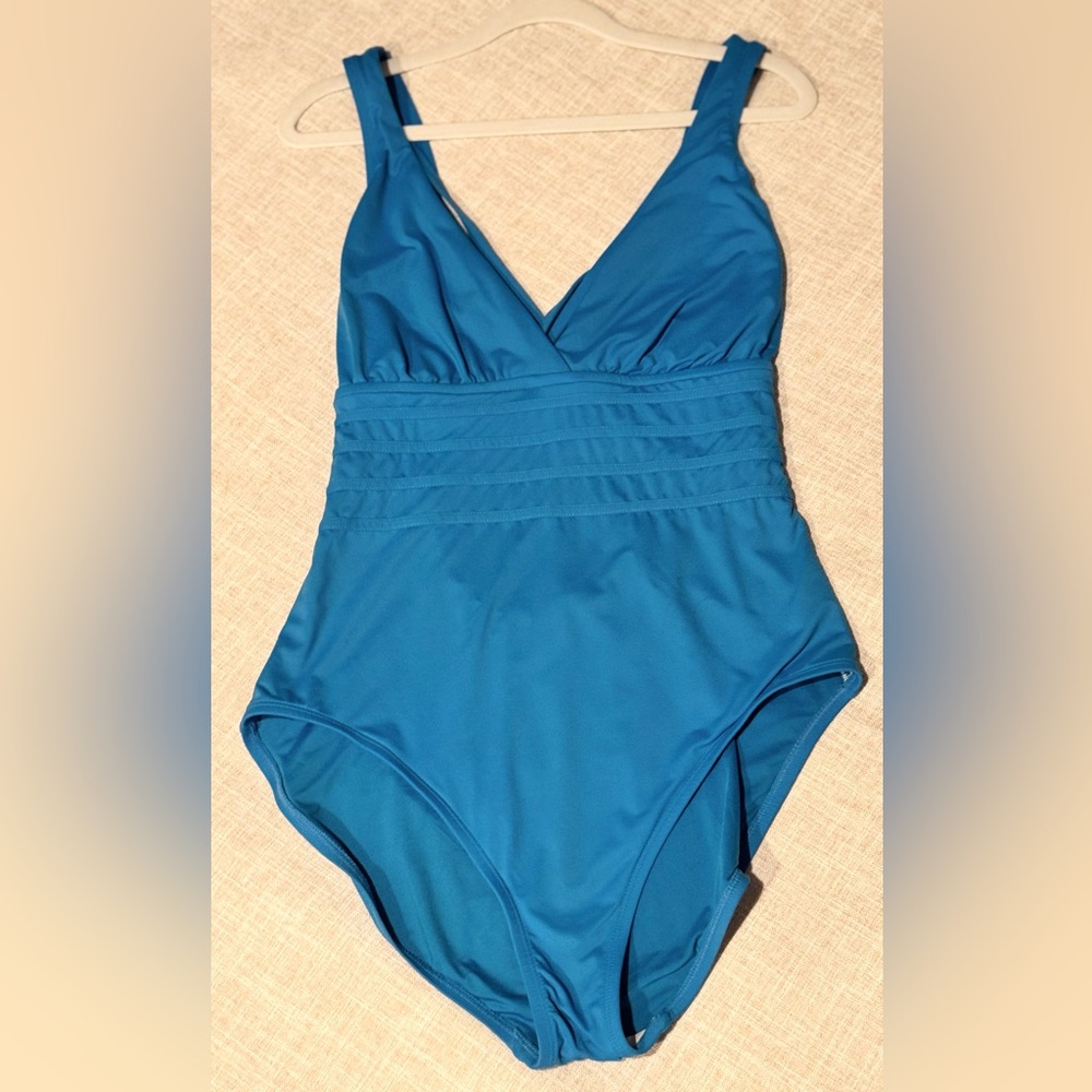 La Blanca Blue Ruched V-Neck One Piece Swimsuit
